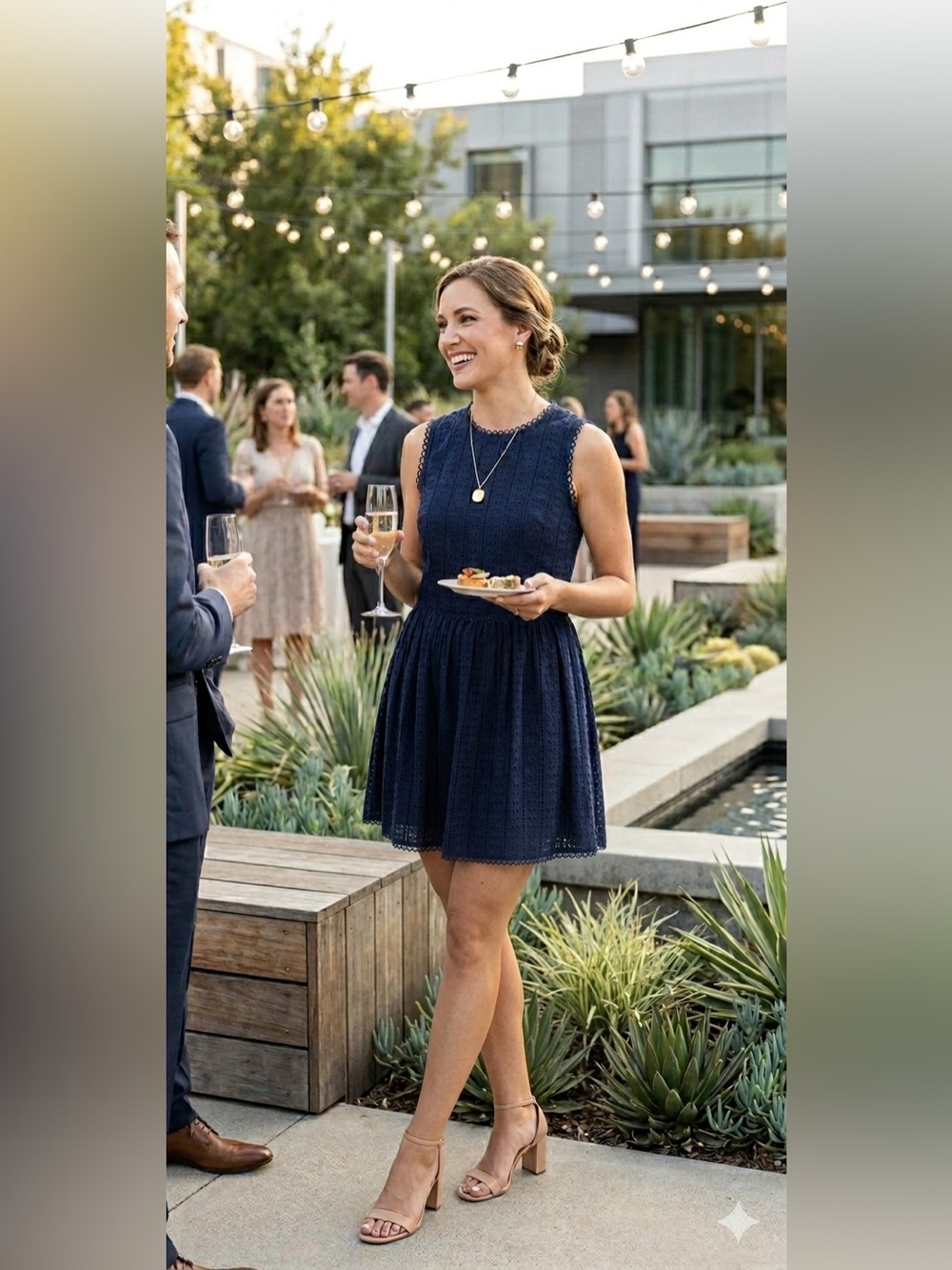 Q&A Navy eyelet Fit & Flare Sleeveless Dress XS formal‎ party coquette wedding